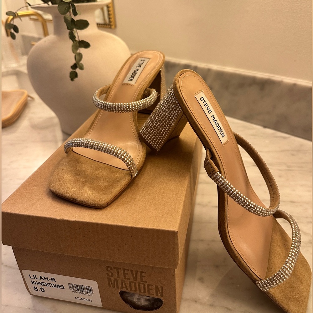 Steve Madden Tan Suede Heels with Rhinestone Straps